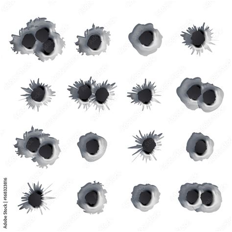 Metal Bullet Holes Set Vector Realistic Caliber Weapon Holes Punched