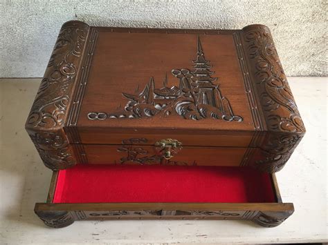Vintage Asian Wooden Jewelry Box Hand Carved Red Velvet Lined With