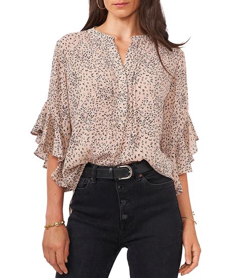 Vince Camuto Split V Neck 34 Ruffle Sleeve Cheetah Henley Blouse