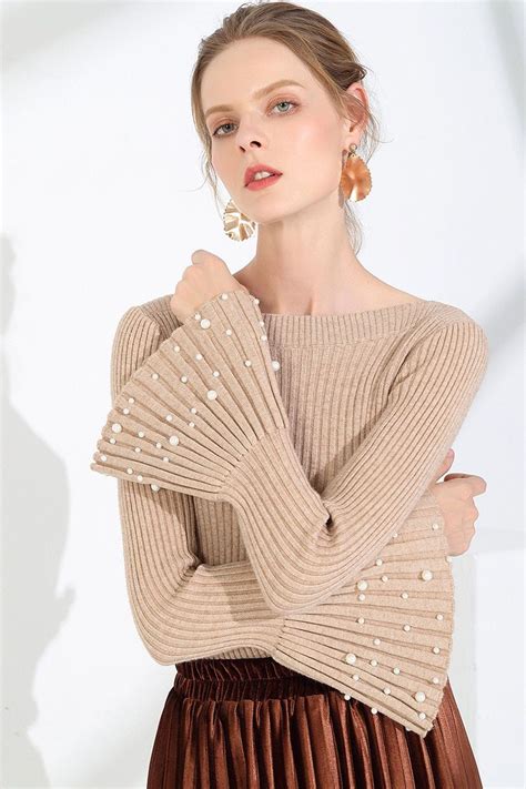 Woman Ribbed Sweater Knitting Pullovers Slash Neck Beading Flare Sleeve