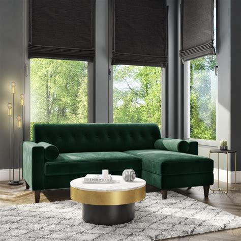 Idris Green Velvet Corner Sofa With Bolster Cushions Mid Century
