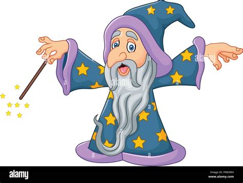 Cartoon Wizard Is Waving His Magic Wand Isolated On White Background