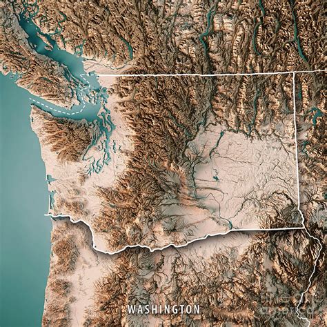 Washington State Usa 3d Render Topographic Map Neutral Border Digital