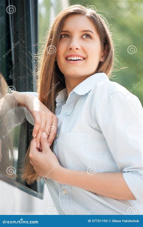Cheerful Young Woman Is Using Public Transport Stock Image Image Of