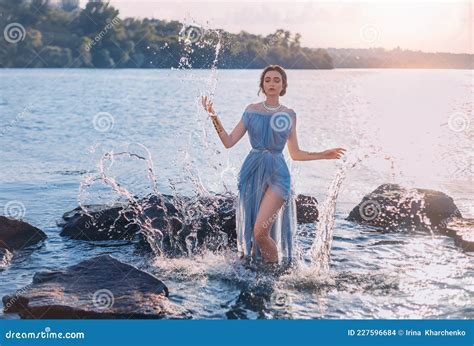 Greek Mythical Fairytale Fantasy Woman Goddess Nymph Emerges From Lake