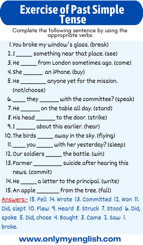 Exercises Past Simple Tense With Answers Simple Past Tense Learn