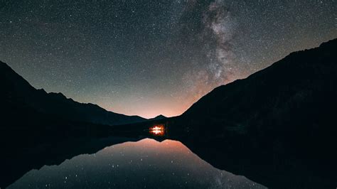 Download Wallpaper 2560x1440 Starry Sky Stars Milky Way Night Lake