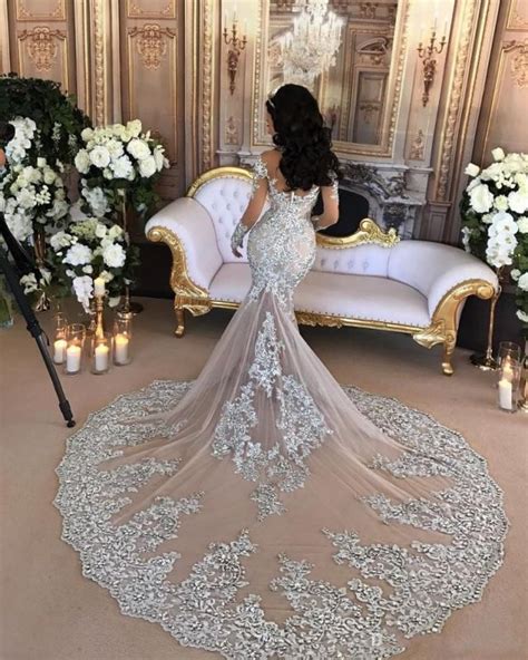 Beautiful Lace Long Sleeve Luxury Silver High Neck Mermaid Wedding Dresses