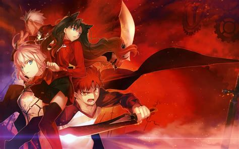 Two Male And Two Female Anime Characters Holding Sword With Red Background Wallpaper HD