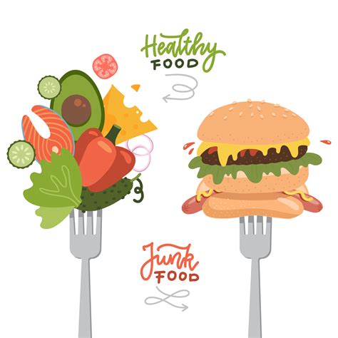 Choosing Between Healthy Food And Fast Junk Food Food On Forks Concept