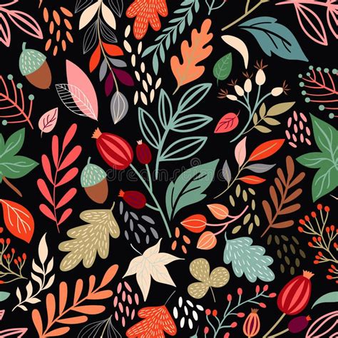Autumn Seamless Pattern With Different Leaves And Plants Seasonal