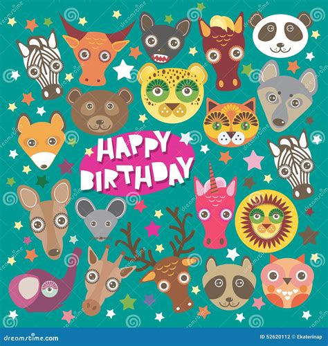 Happy Birthday Card Funny Animals Muzzle Stock Vector Illustration