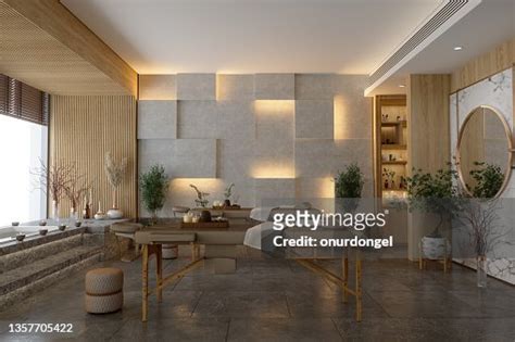 luxury spa massage room interior with massage tables hot tub and marble floor high res stock