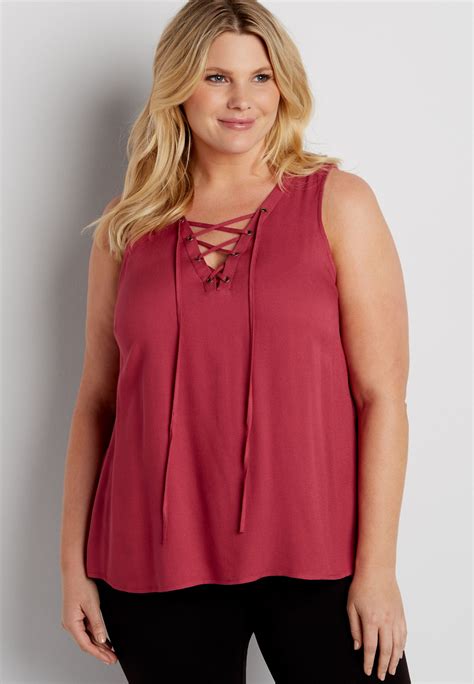 Plus Size Sleeveless Top With Lace Up Neckline In Sunsoaked Rose Original Price 2499