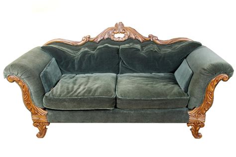 Victorian Style Rolled Arm Sofa With Green Mohair Upholstery Floral