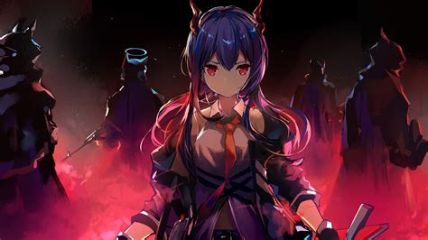 Red Eyes Purple Hair Wawazi Horns Anime Anime Girls Dragon Girl