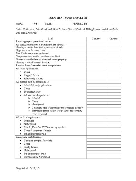 Treatment Room Checklist Pdf