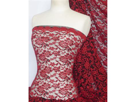 Rose 4 Way Stretch Lace Lycra Fabric- Red/Black Q1248 RDBK