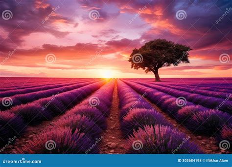 Lonely Tree In Lavender Field At Sunset 3d Render Stunning Lavender
