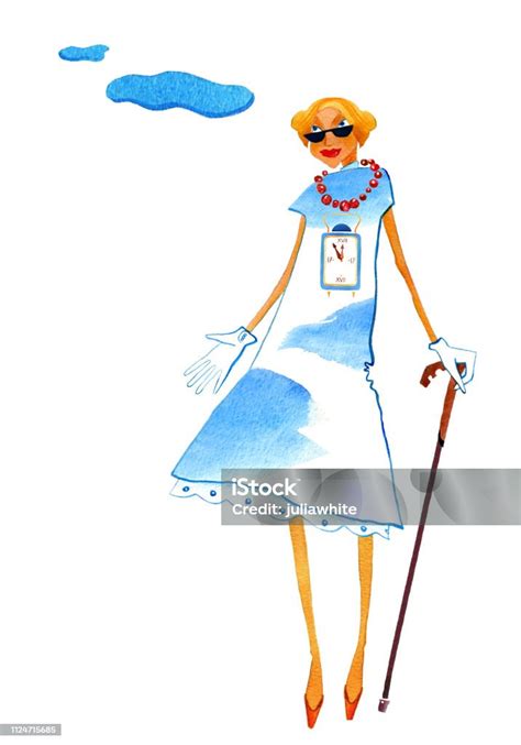 Skinny Old Woman With A Crook In A Dress With A Fashionable Print Stock