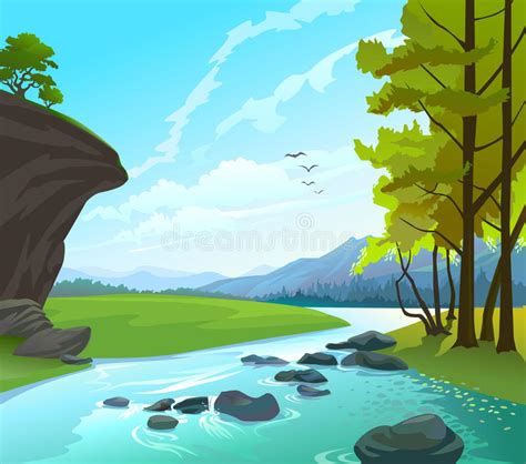 River Hills And Rocks Landscape Stock Vector Illustration Of Bush