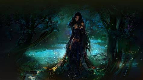 Full Hd Wallpaper Magic Night Forest Sorceress Desktop