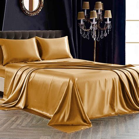 Amazon Com Siinvdabzx Pcs Satin Sheet Set Full Size Ultra Silky Soft Gold Satin Full Bed