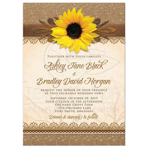 Wedding Invitation Rustic Sunflower Burlap Lace Wood