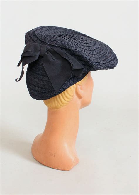 Vintage 1940s Navy Straw Tilt Beret Hat Raleigh Vintage