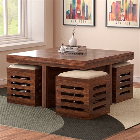Edinburgh Solid Wood Coffee Table With 4 Cubical Stools Natural