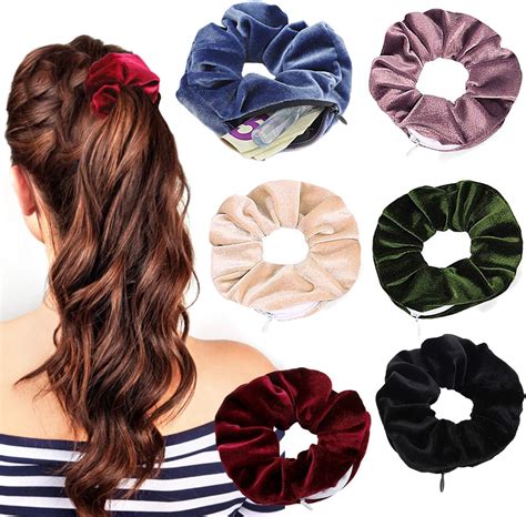 6 Pack Velvet Hair Tie Scrunchies With Hidden Zipper Pocket Scrunchie