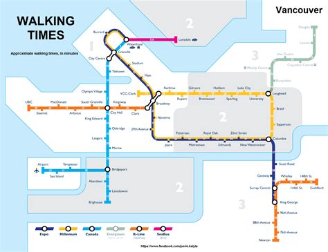 Vancouver Map Showing Walking Times Between Skytrain