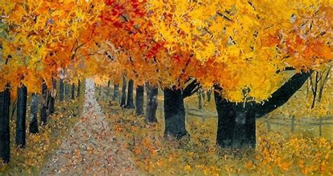 A Painting Of Trees With Yellow And Red Leaves On The Branches Along A