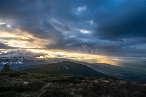 Mountain Peak In The Clouds And Fog At Sunset Stock Image Image Of