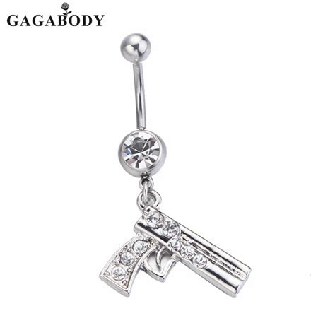 Buy 2017 New Arrival 14g Steel Clear Crystal Gun Dangle Belly Button Navel Ring
