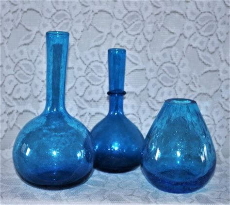 Mid Century Glass Vases Turquoise Blue Bubbles Set 60 S Etsy Uk