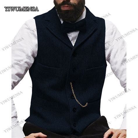 Silm Fit Mens Tweed Waistcoat Notch Lapel Vintage Vest Herringbone Wool