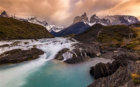 Download Wallpapers Andes Mountains Sunset Mountain River Chile
