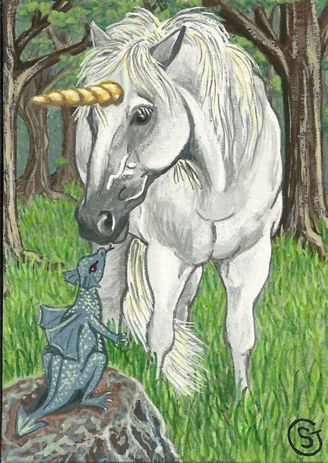 Unicorn And Baby Dragon Aceo Art Signed Print By Sherrygoeben 300