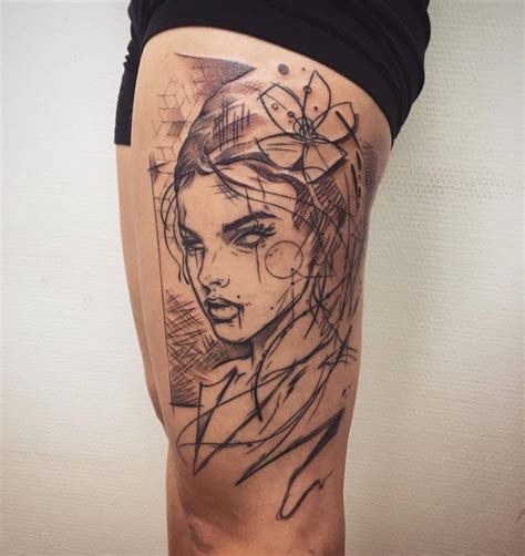 Sketch Work Woman Portrait Tattoo On The Thigh