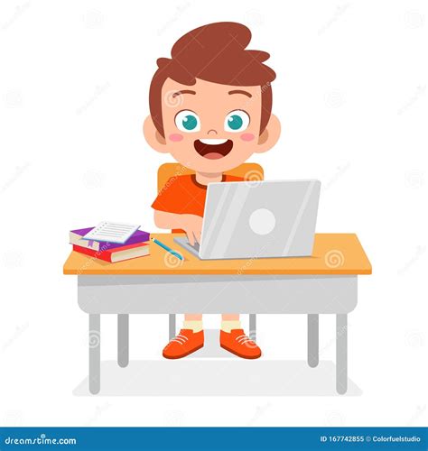 Niño Lindo Y Feliz Estudiando Con Una Laptop Nueva Ilustración Del