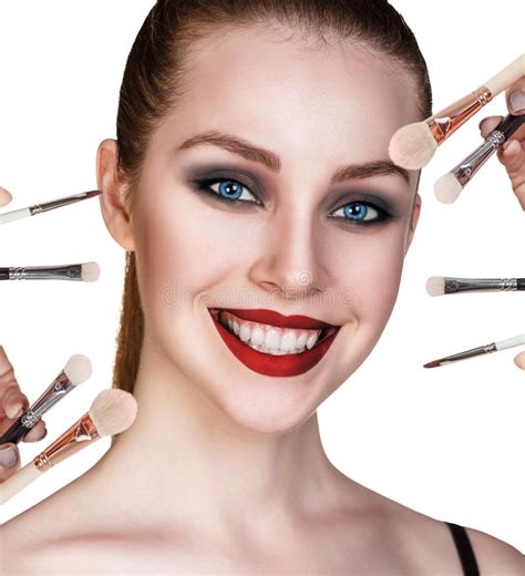 Portrait Of Young Woman With Makeup Brushes Stock Image Image Of