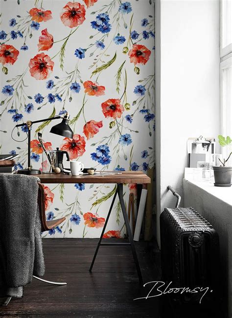 Removable Wallpaper Vintage Poppies Wallpaper Temporary Etsy Poppy