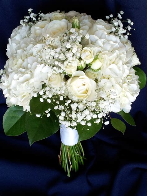 White Bouquet White Hydrangeas Roses Babys Breath Salal