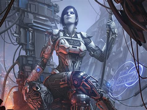 Hd Wallpaper Sci Fi Cyborg Girl Helmet Purple Hair Woman Warrior