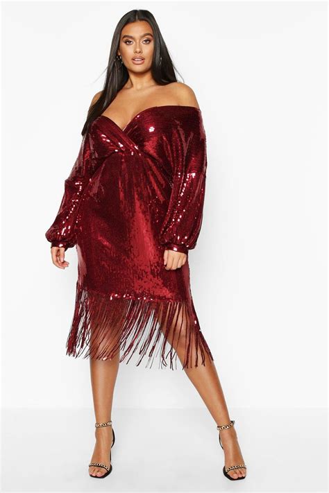Plus Sequin Off The Shoulder Wrap Midi Dress Boohoo Red Midi Dress