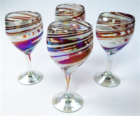 Wine Glass Hand Blown 14oz Red And White Swirl Iridescent Set Of Four Hand Blown In Mexico By
