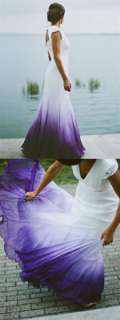 A Line V Neck Open Back Ombre Purple Chiffon Wedding Dress With Lace Ombre Wedding Dress