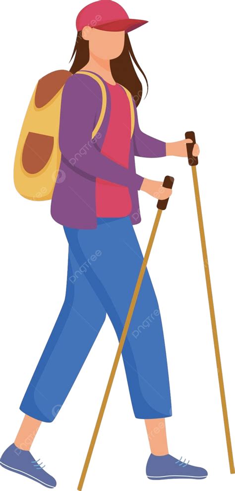 Woman With Hiking Sticks Flat Vector Illustration Backpack Cartoon Hiker Vector Backpack