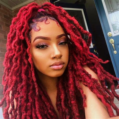 Cutting fringe is a huge commitment. Red locs 💕 🌺 @shxkiraa #curlytreats | Faux locs hairstyles ...